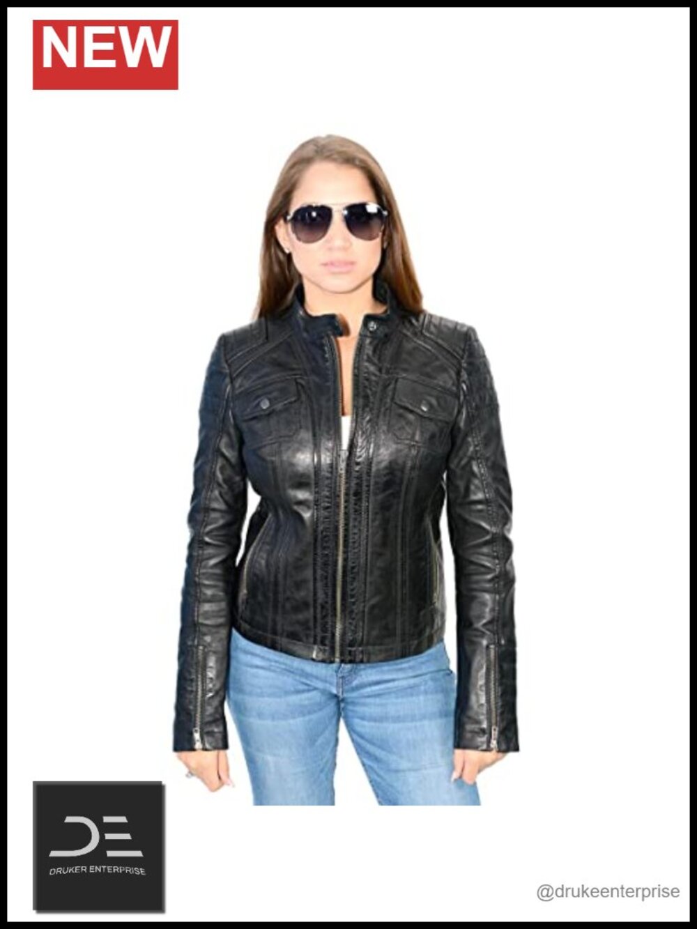 Lambskin Leather Quilted Shoulder Moto Jacket Zip Front